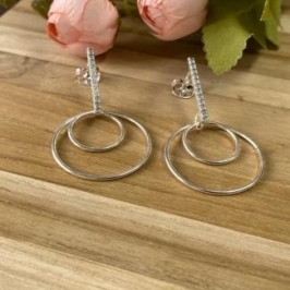 Brinco Reto Cravejado c/ 3 Argolas Prata