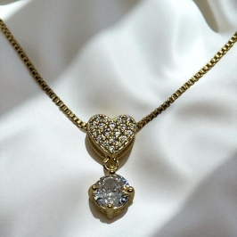 Corrente Veneziana c/ Coração Cravejado e Pedra Cristal