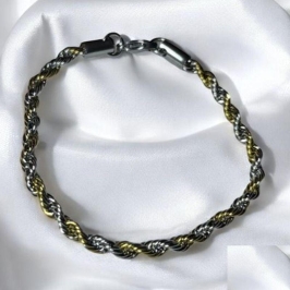 Pulseira Trançado Aço Inox + Inox Dourado