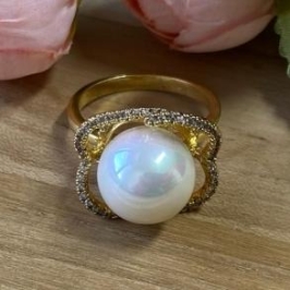 Anel Flor Zircônias Perola