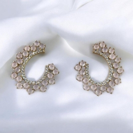 Brinco Pedras Rosa Leitoso e Brilhantes Cristais