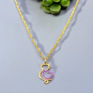 Corrente Pingente Gatinha Coração Rosa