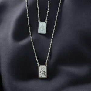 Escapulario Sagrada Família + Sagrado Coração Aço Inox