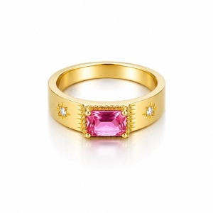 Anel Pedra Retangular Rosa Laterais Zirconias