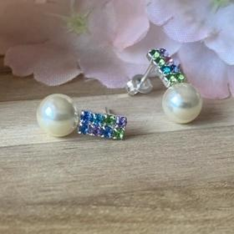 Brinco Perola c/ 2 Filas Zirconias Color