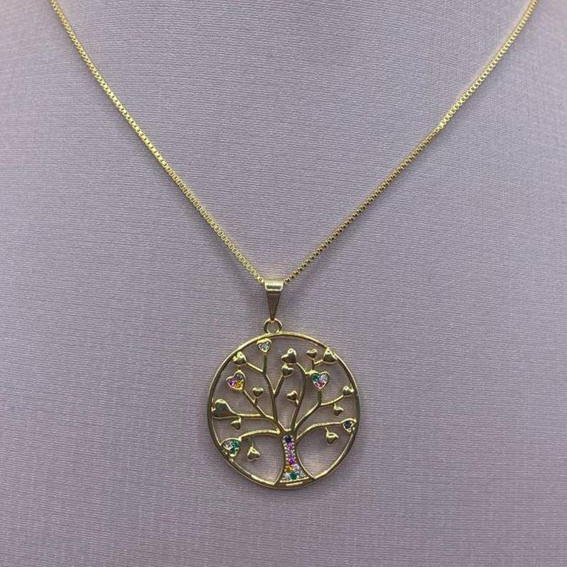 Corrente c/ Pingente Arvore Tronco e Corações Cravejados