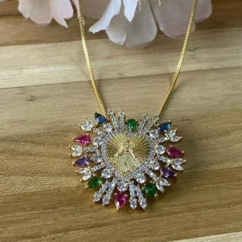 Corrente Pingente Nossa Senhora da Graças Pedras Color