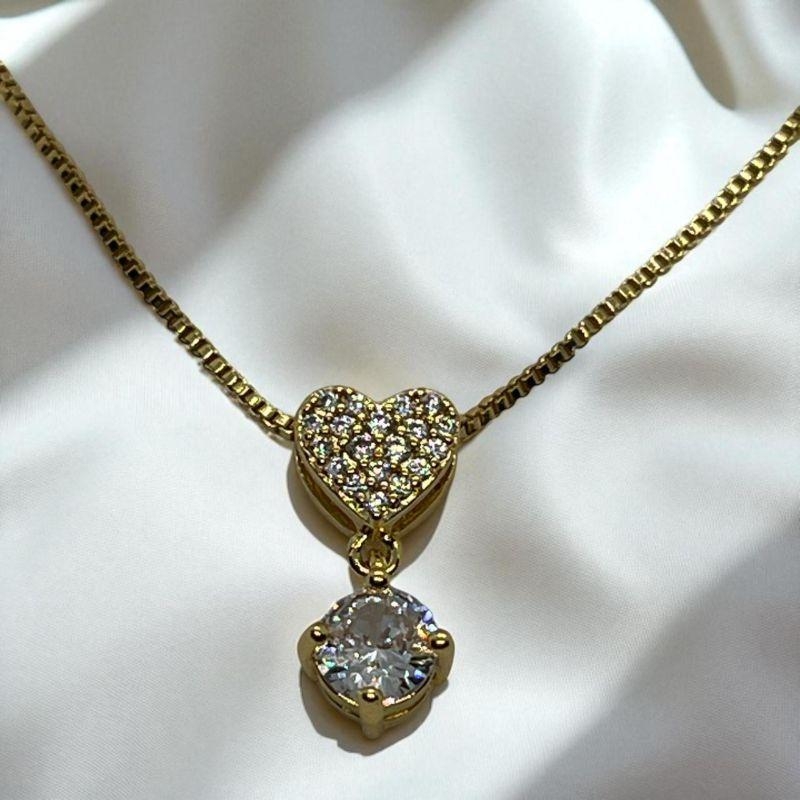 Corrente Veneziana c/ Coração Cravejado e Pedra Cristal