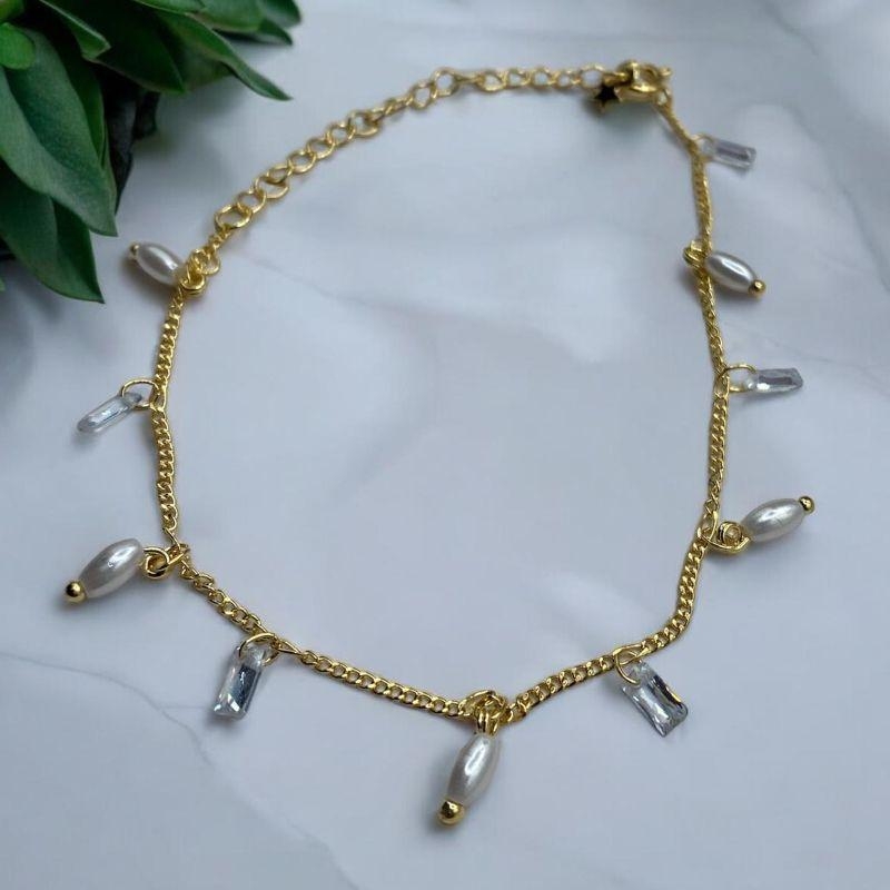 Pulseira Perolas Ovais e Pingentes Vidros