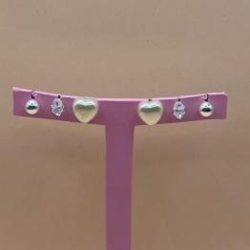 Trio Brincos Coração Perola/Cristal + Bolinha Prateada