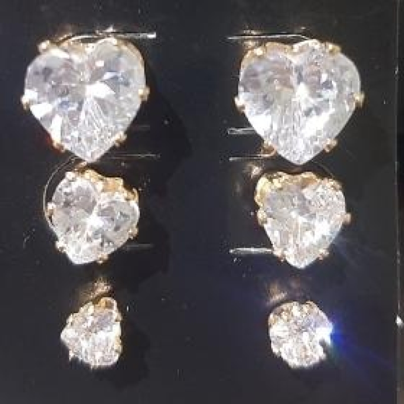 Trio Brincos Pedras Coração Cristal