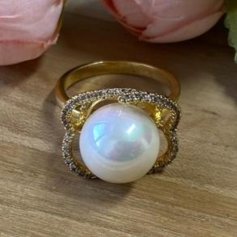 Anel Flor Zircônias Perola