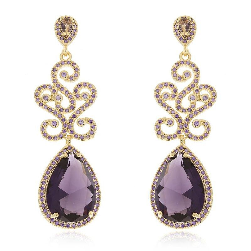 Brinco Detalhado Brilhantes e Pedra Roxas