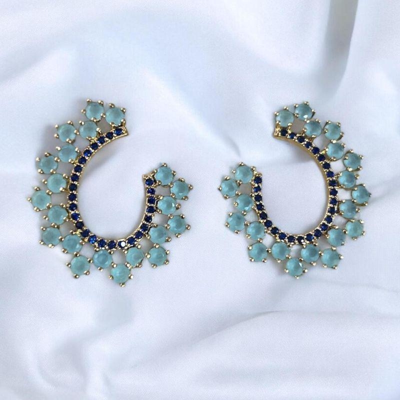 Brinco Pedras Verde Leitoso e Brilhantes Azul Bic