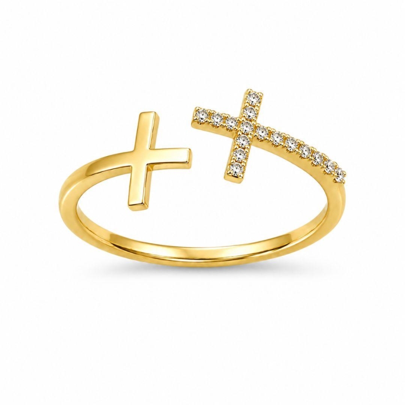 Anel Crucifixo Cravejado e Liso