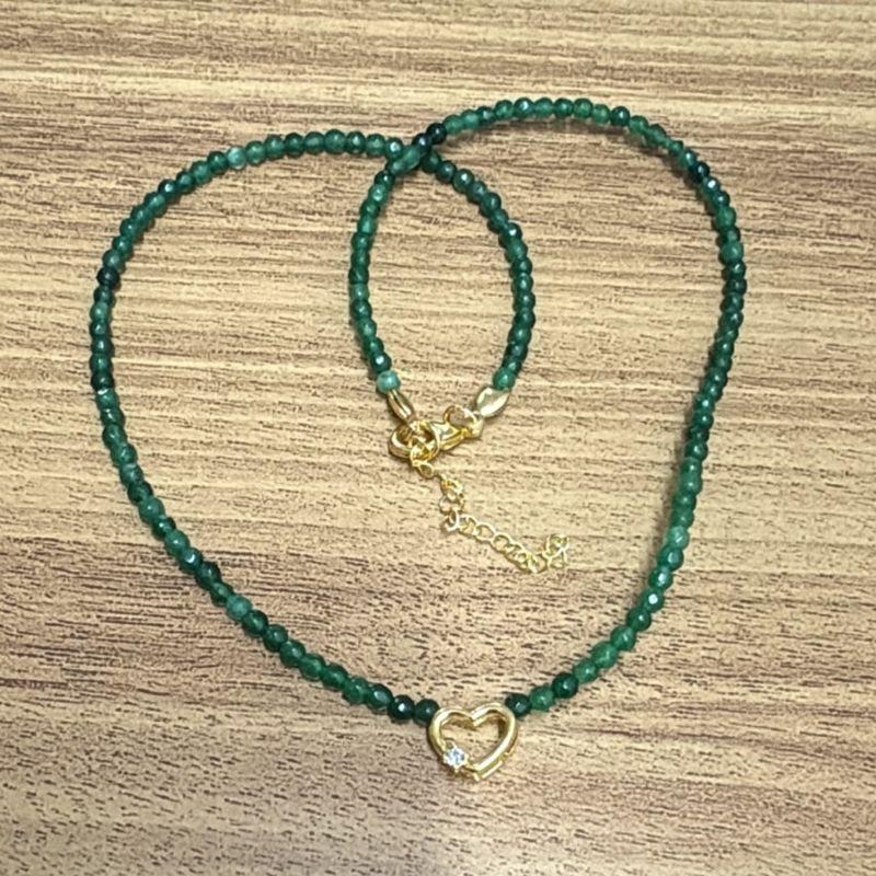 Colar Pedras Jade Esmeralda 3mm Pingente Coração