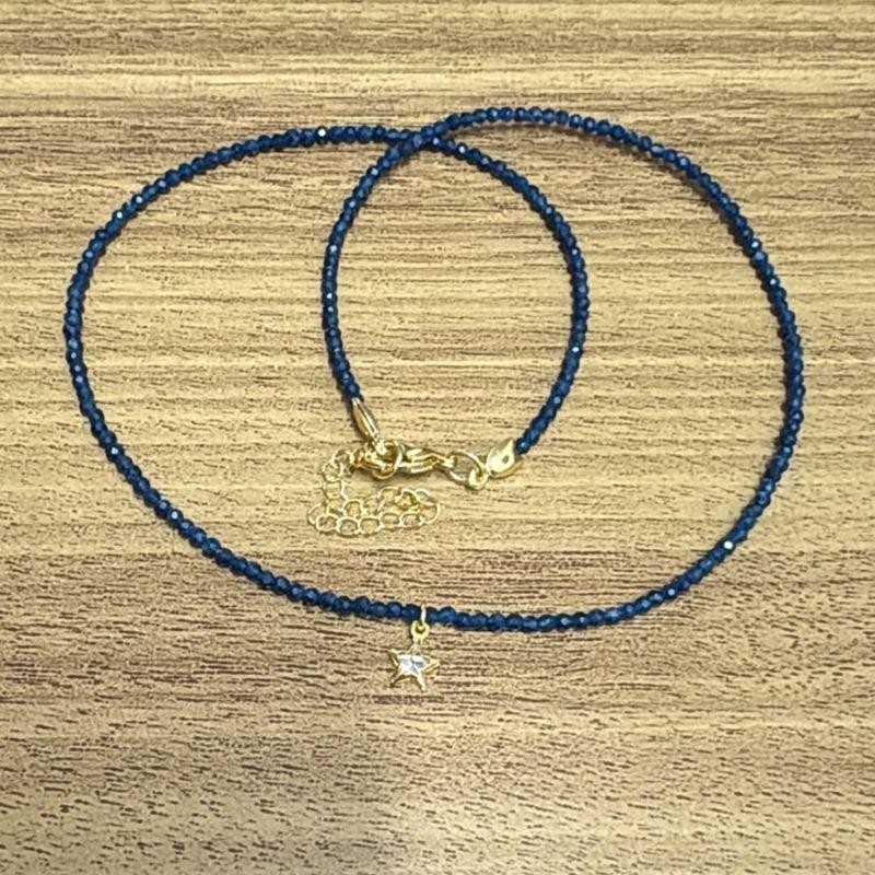 Colar Pedras Jade Safira 2mm Pingente Estrela