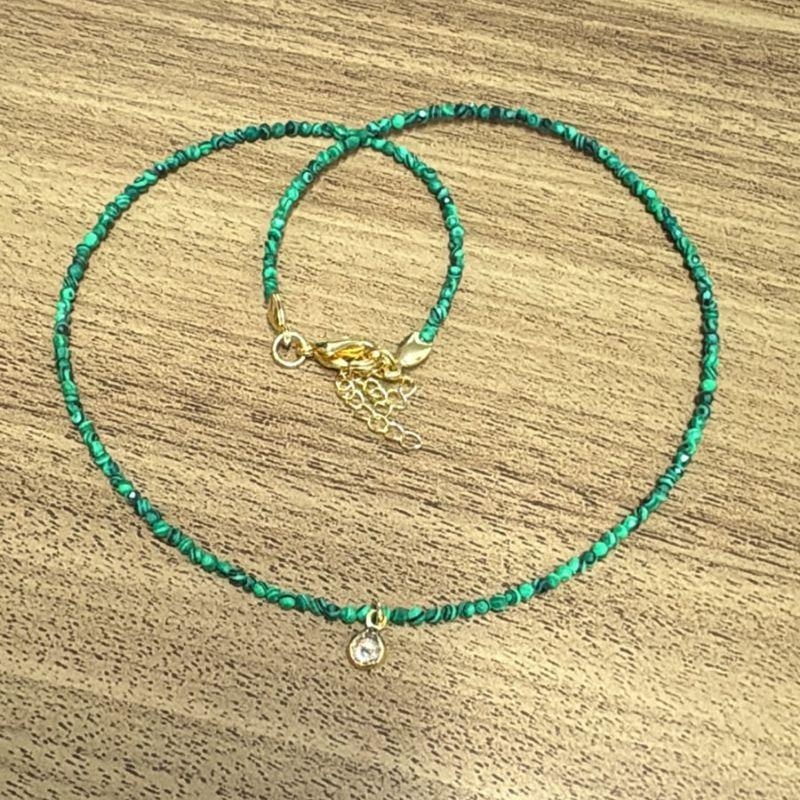 Colar Pedras Malaquita 2mm Pingente Cristal