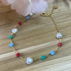Pulseira Pedra Coloridas + Corações Perolas