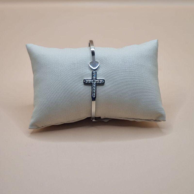 Bracelete Cruz c/ Zirconias Aço Inox c/ Mola