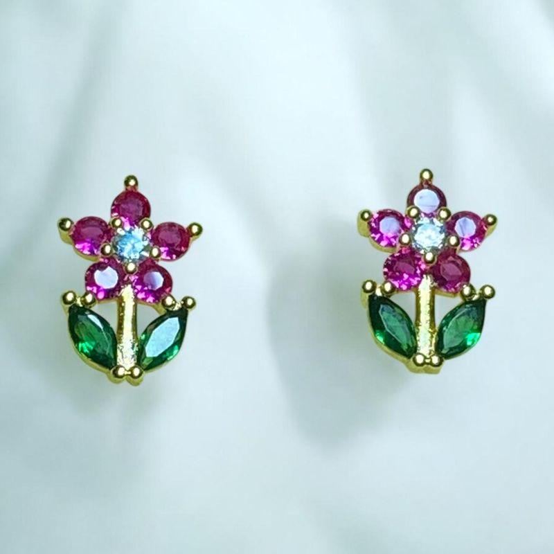 Brinco Flor Rosa Folhas Verdes