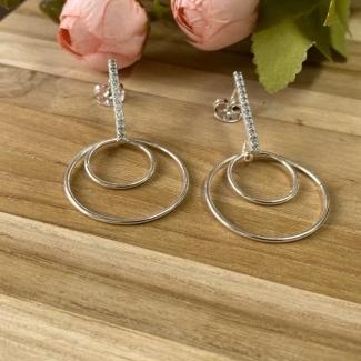 Brinco Reto Cravejado c/ 3 Argolas Prata