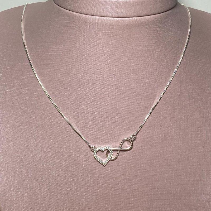 Colar Infinito Laçado no Coração Prata 40cm