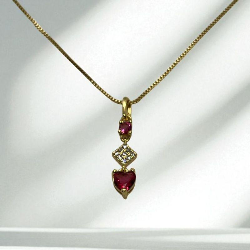 Corrente Veneziana c/ Pingente Brilhante e Pedras Vermelhas