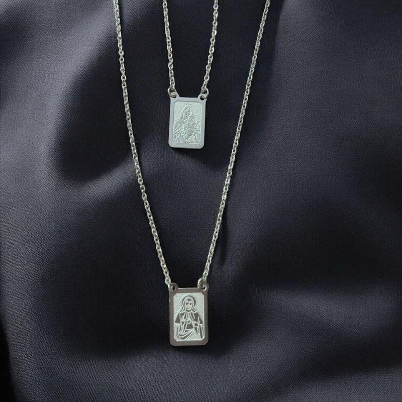 Escapulario Sagrada Família + Sagrado Coração Aço Inox