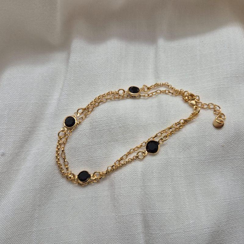 Pulseira Cordão Duplo Pedras Pretas