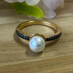 Anel Cravejado Perola Zircônias Pretas