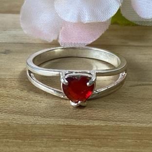 Anel Prata Pedra Coração Vermelho