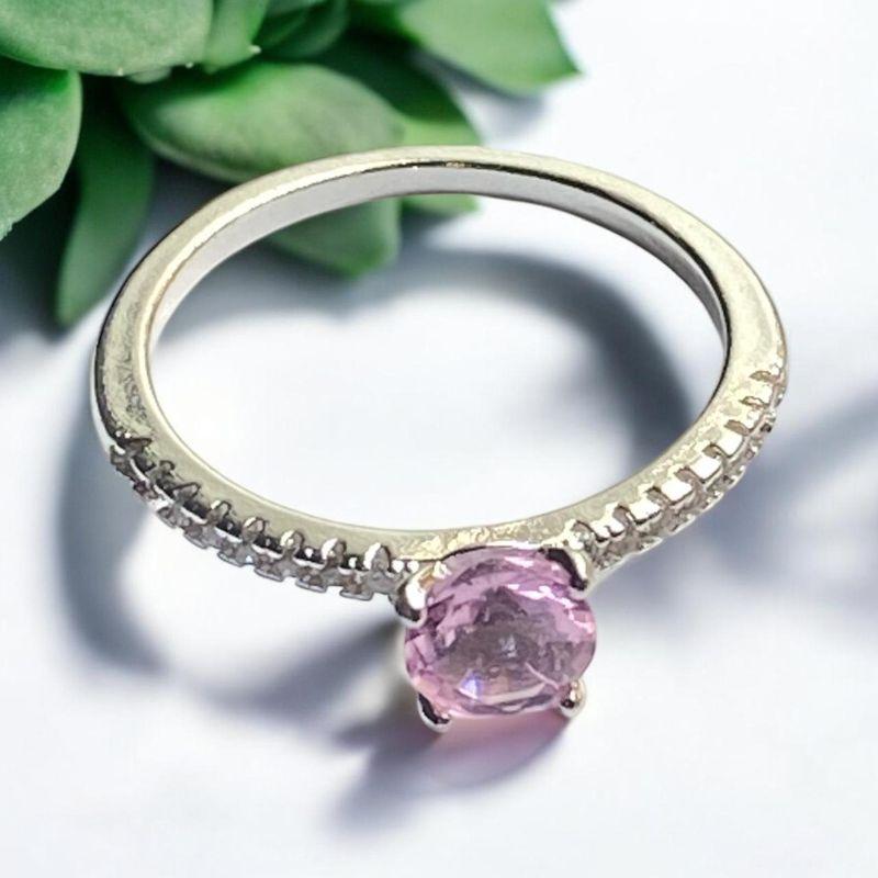 Anel Prata Pedra Solitaria Rosa