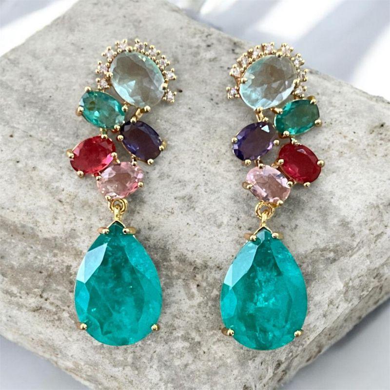 Brinco 5 Pedras Ovais + Pedra Áqua em Gota