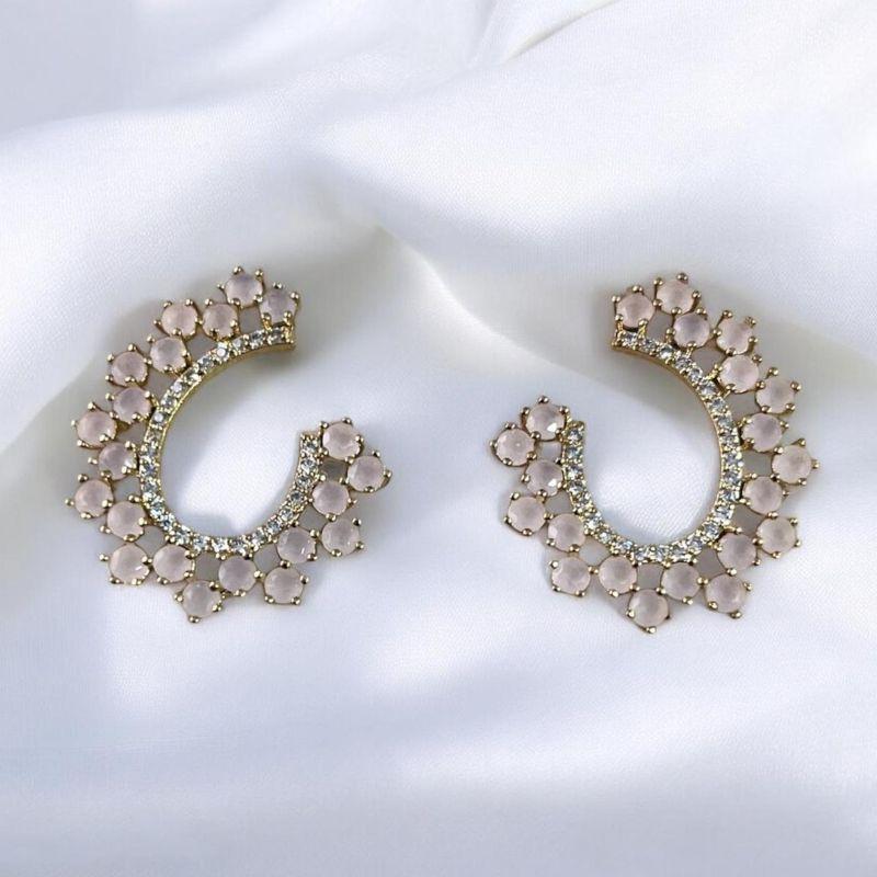 Brinco Pedras Rosa Leitoso e Brilhantes Cristais