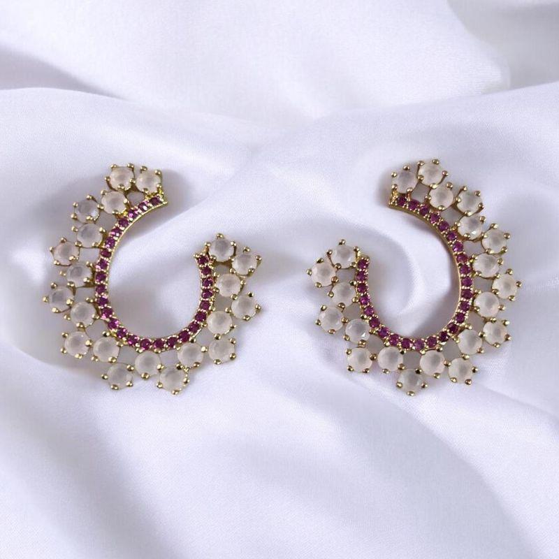 Brinco Pedras Rosa Leitoso e Brilhantes Pink