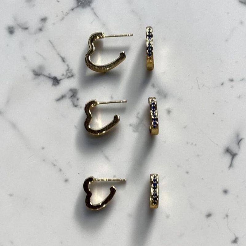 Trio Brincos Argola Fixa Coração Quadrado c/ Zirconias Azuis