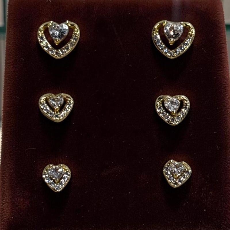 Trio Brincos Coração Vazado + Pedra Zirconia + Cravejado