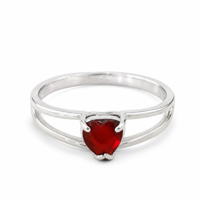 Anel Prata Pedra Coração Vermelho