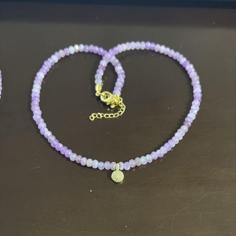 Colar Pedras Jade Roxo Claro Mesclado 4mm Pingente Chuveiro