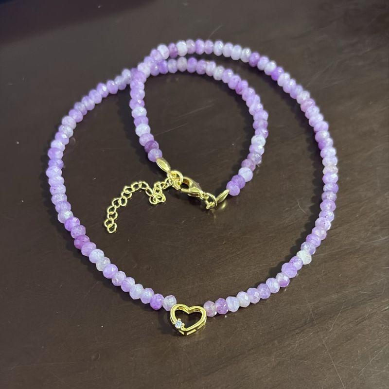 Colar Pedras Jade Roxo Claro Mesclado 4mm Pingente Coração