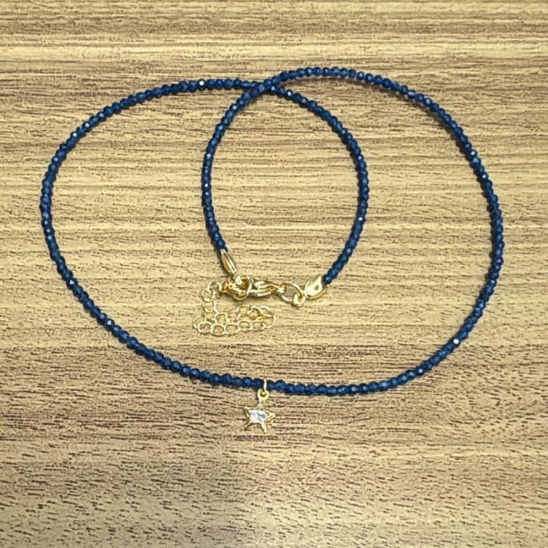Colar Pedras Jade Safira 2mm Pingente Estrela