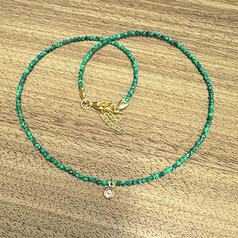Colar Pedras Malaquita 2mm Pingente Cristal